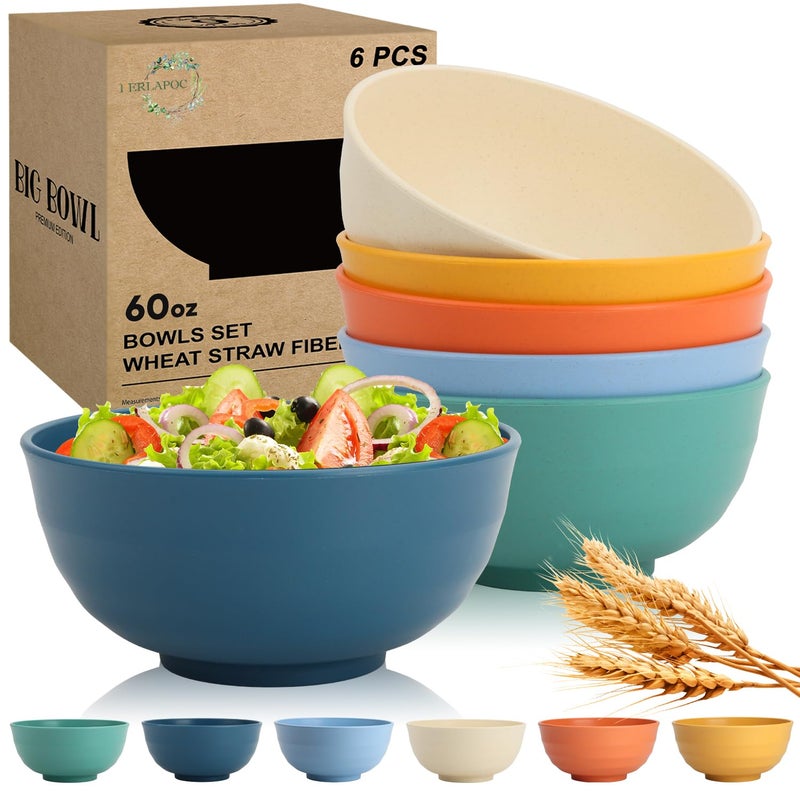 Perlapoc Wheat Straw Bowls 60 OZ, Unbreakable Large Salad Bowl Set of 6, Microwave and Dishwasher Safe Big Bowls for Kitchen, Camping, Picnic, RV, Serving Bowl Set for Ramen, Cereal, Soup - Multi - Image 1