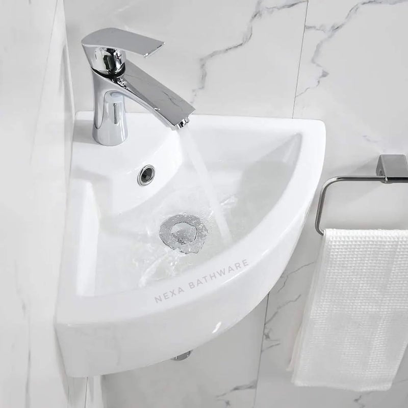 Nexa Bathware corner Ceramic Wall Hung Basin Luxurious Wash basin Table Top Bathroom Sink Wash Basin Super White Colour With Glossy Finishing 23 x 17 x 5 INCH - Image 1