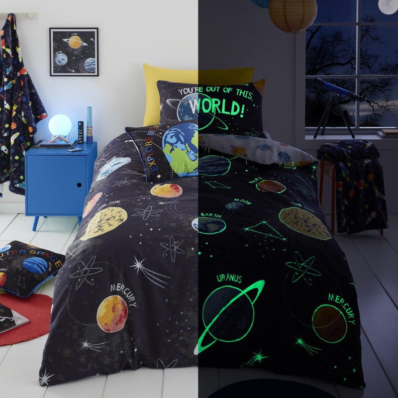 Bedlam Glow in the Dark Space Duvet Cover  Single 200 x 140cm  Reversible 2 Designs  Galaxy  Planet Bedding for Boys  Solar System Universe Duvet Cover Black
