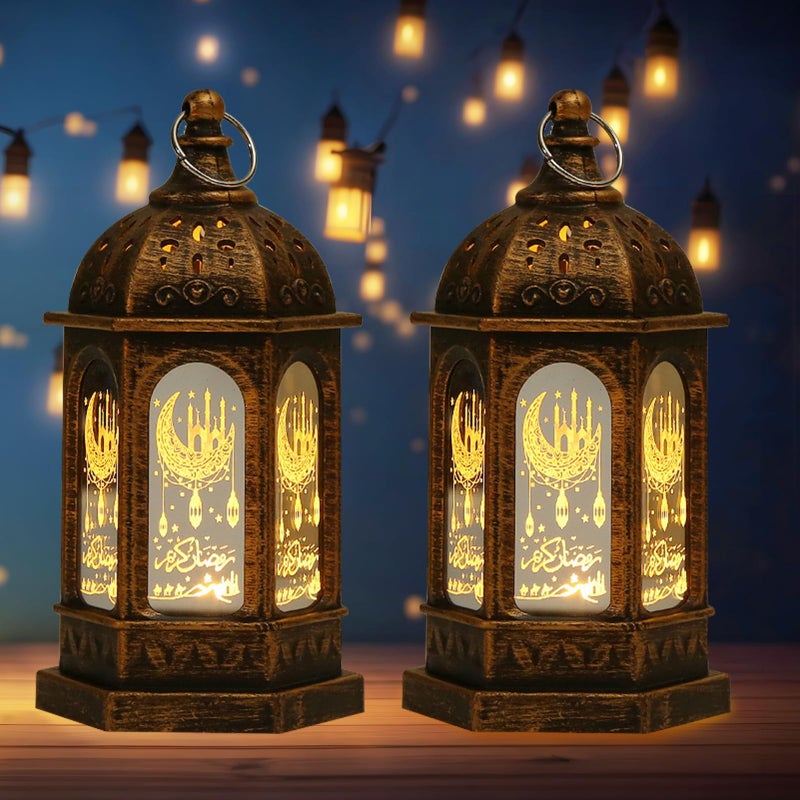 Hying 2 Pieces Eid Mubarak Lanterns Decoration 5.2" Height Hanging Lamp Ramadan Flameless Candle Lanterns with Transparent Glass Eid Mubarak Gifts Lamp for Home Tabletop Decor - Image 1
