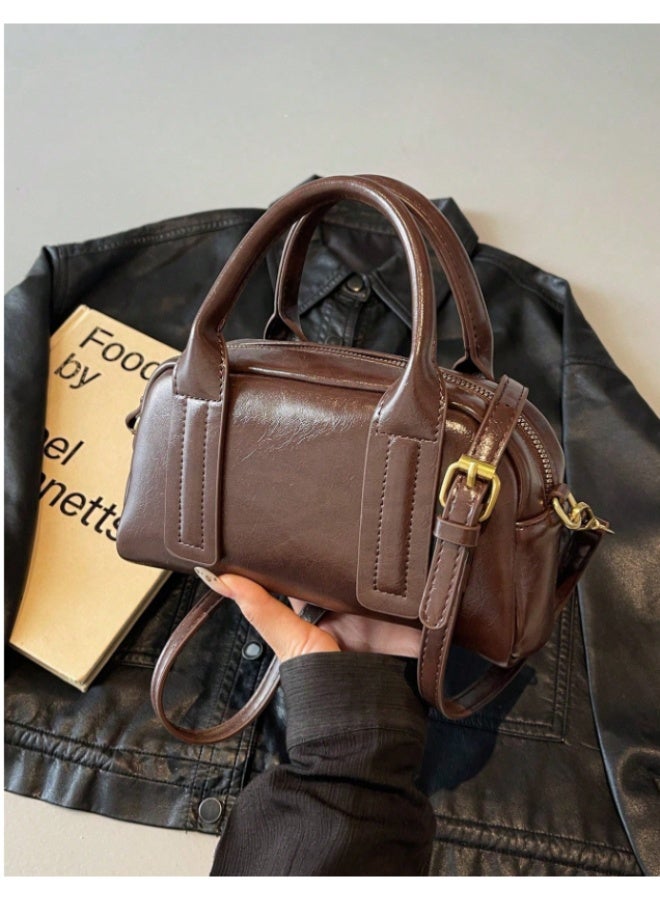 ANUM BY MUNA Classic Vintage-Style Boston Handbag - Premium Oil-Waxed PU Leather Crossbody Bag for Daily Commute and Outings - Image 3