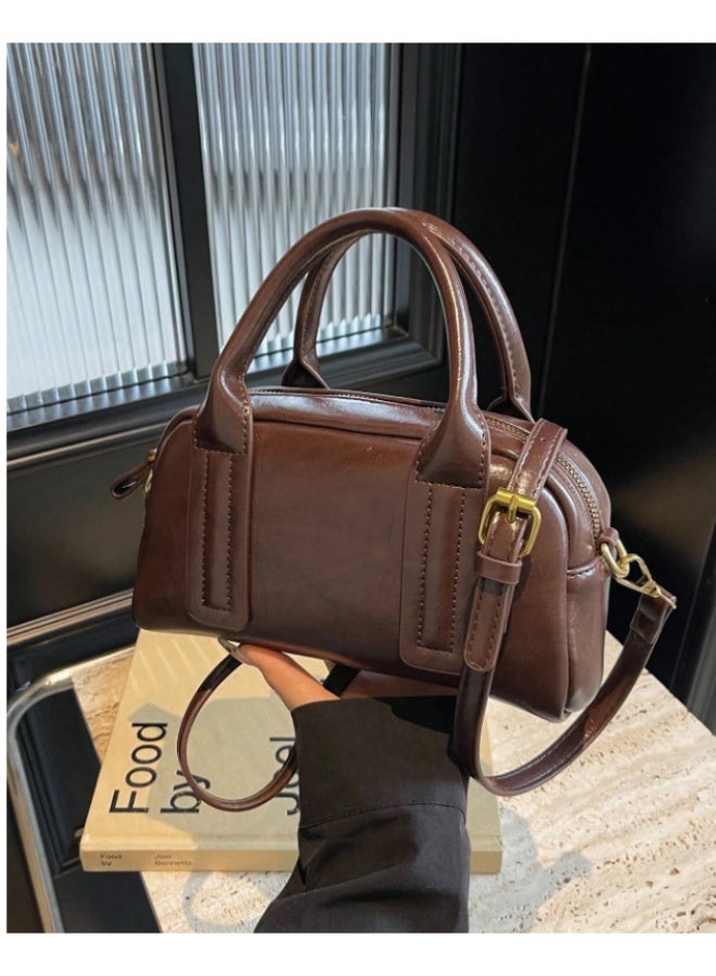 ANUM BY MUNA Classic Vintage-Style Boston Handbag - Premium Oil-Waxed PU Leather Crossbody Bag for Daily Commute and Outings - Image 1