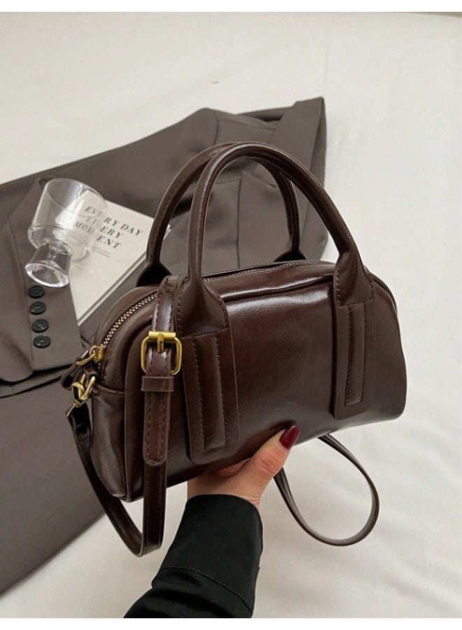 ANUM BY MUNA Classic Vintage-Style Boston Handbag - Premium Oil-Waxed PU Leather Crossbody Bag for Daily Commute and Outings - Image 4