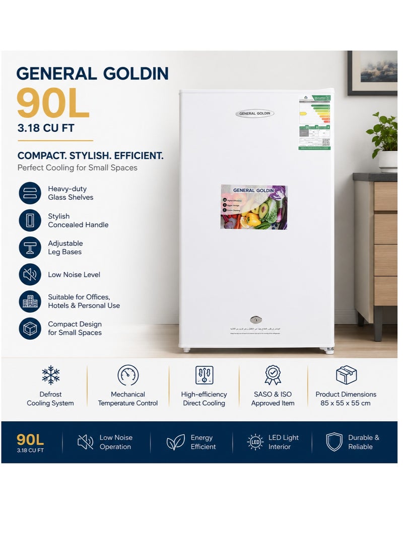 General Goldin 90 Lt 3.18 CuFt Refrigerator, Less Noise, Led Light, White - Image 1