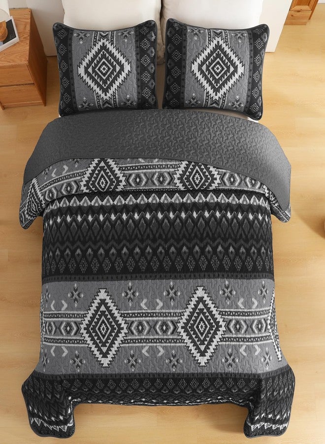 Dintszyayue Black Boho Quilt Set King Size，3 Pieces Aztec Texture Bedspread Grey Coverlet Set Soft Lightweight Bed Cover for All Season Geometric Microfiber Bedding with 2 Pillowcases(Black,104"x90") - Image 3