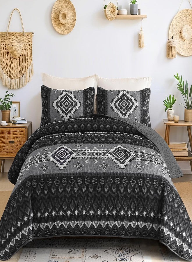 Dintszyayue Black Boho Quilt Set King Size，3 Pieces Aztec Texture Bedspread Grey Coverlet Set Soft Lightweight Bed Cover for All Season Geometric Microfiber Bedding with 2 Pillowcases(Black,104"x90") - Image 1