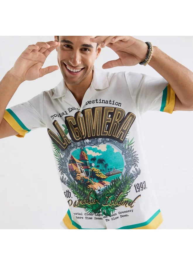 FAV All-Over Graphic Print Shirt with Camp Collar and Short Sleeves
