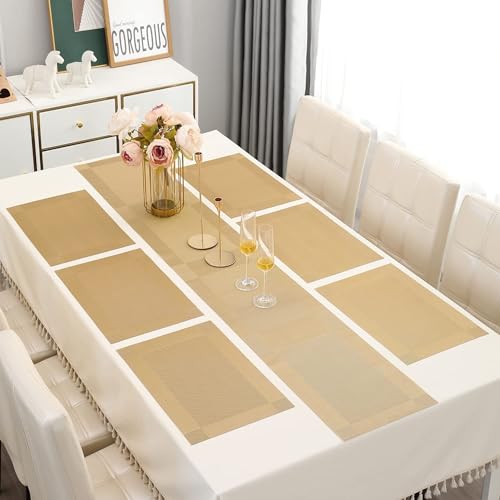 Ramkuwar Modern Dining Table Runner and Placemat Set Heat-Resistant Non-Slip Washable PVC Dining Mats for Kitchen, Parties, Dinners, Home Décor – Gold (Placemats Set of 6 + 1 Runner) - Image 2