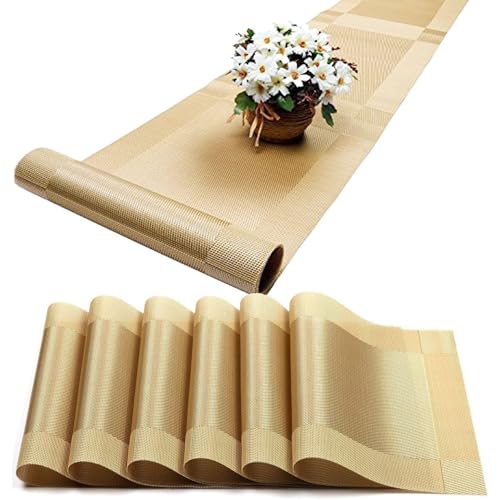Ramkuwar Modern Dining Table Runner and Placemat Set Heat-Resistant Non-Slip Washable PVC Dining Mats for Kitchen, Parties, Dinners, Home Décor – Gold (Placemats Set of 6 + 1 Runner) - Image 1