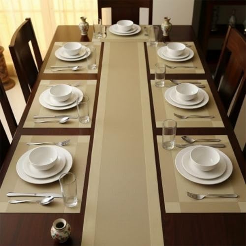Ramkuwar Modern Dining Table Runner and Placemat Set Heat-Resistant Non-Slip Washable PVC Dining Mats for Kitchen, Parties, Dinners, Home Décor – Gold (Placemats Set of 6 + 1 Runner) - Image 5