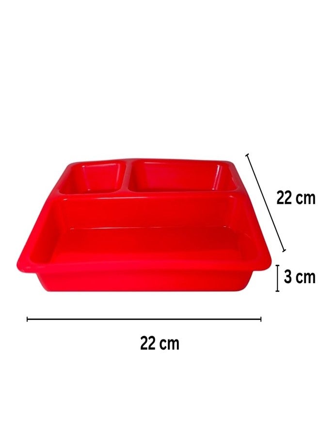 MORVI Microwave Safe Unbreakable Plastic Partition Thali Plate | Food Grade Mess Tray for Home, Kitchen, Kids, Restaurant, Cafe | Serving Plate, Dosa, Pav Bhaji | Set of 5 | RED - Image 2