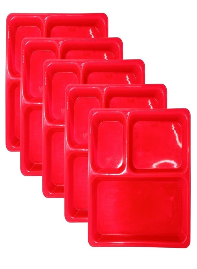 MORVI Microwave Safe Unbreakable Plastic Partition Thali Plate | Food Grade Mess Tray for Home, Kitchen, Kids, Restaurant, Cafe | Serving Plate, Dosa, Pav Bhaji | Set of 5 | RED - Image 1