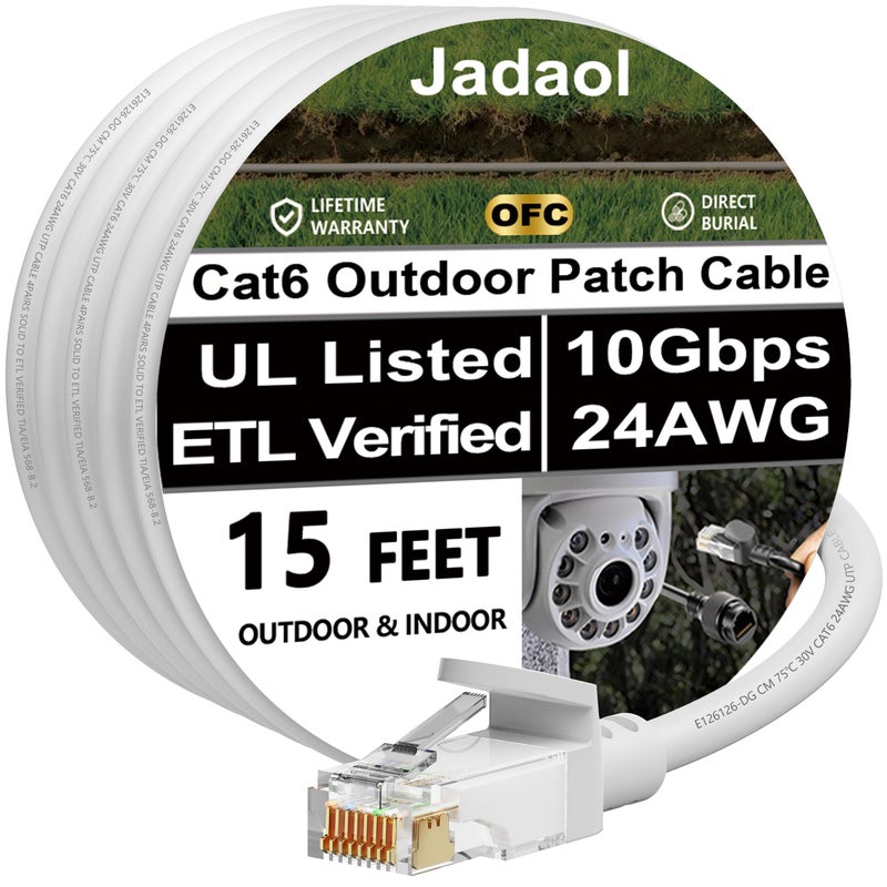 Jadaol Cat 6 Ethernet Cable 15ft, Outdoor&Indoor, 10Gbps Support Cat8/7 Network, 24AWG Pure Copper Patch LAN Cord, Direct Burial Waterproof In-Ground UV Resistant for Router, Modem, Switch, POE, White - Image 1