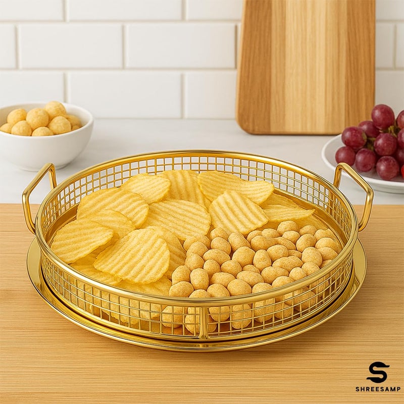 SHREESAMP طقم سلة وصينية قلاية هوائية ذهبية دائرية للفرن – 2 في 1 صينية غير لاصقة وشبكة ستانلس ستيل للفرن الحراري، آمنة في غسالة الصحون، رائعة للخبز والشواء والشوي - Image 3