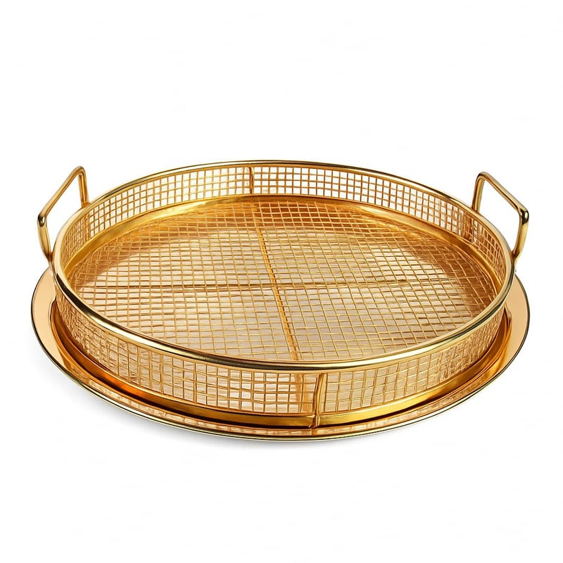 SHREESAMP طقم سلة وصينية قلاية هوائية ذهبية دائرية للفرن – 2 في 1 صينية غير لاصقة وشبكة ستانلس ستيل للفرن الحراري، آمنة في غسالة الصحون، رائعة للخبز والشواء والشوي - Image 1