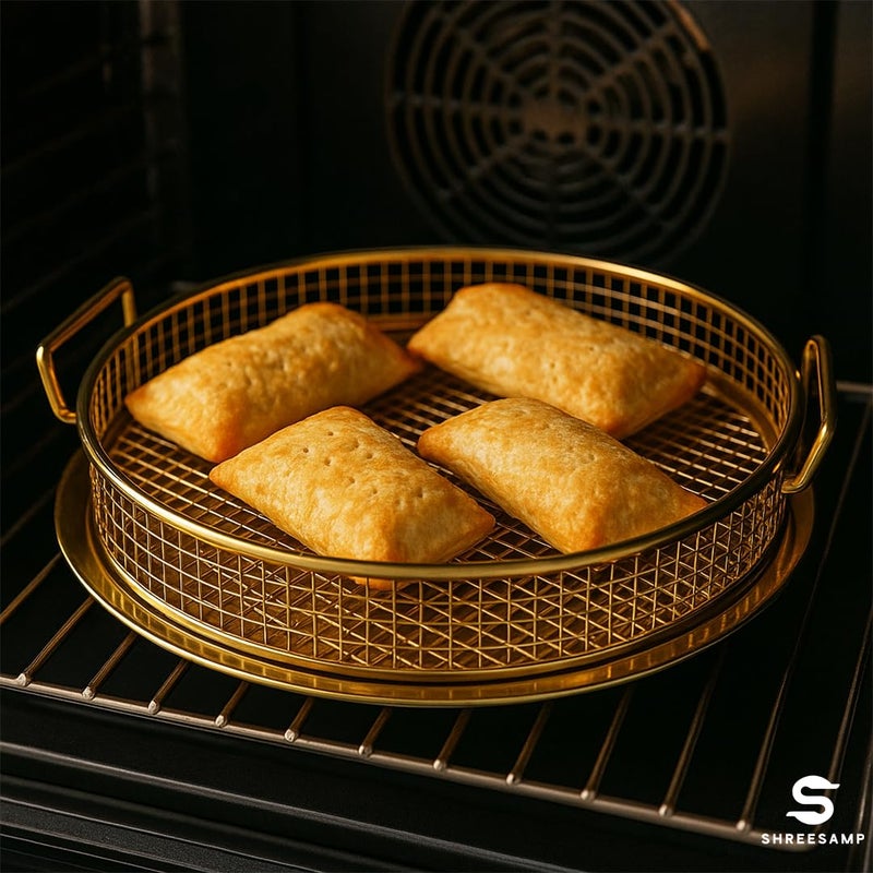 SHREESAMP طقم سلة وصينية قلاية هوائية ذهبية دائرية للفرن – 2 في 1 صينية غير لاصقة وشبكة ستانلس ستيل للفرن الحراري، آمنة في غسالة الصحون، رائعة للخبز والشواء والشوي - Image 5