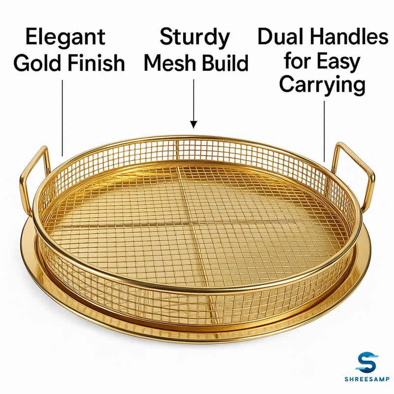 SHREESAMP طقم سلة وصينية قلاية هوائية ذهبية دائرية للفرن – 2 في 1 صينية غير لاصقة وشبكة ستانلس ستيل للفرن الحراري، آمنة في غسالة الصحون، رائعة للخبز والشواء والشوي - Image 2