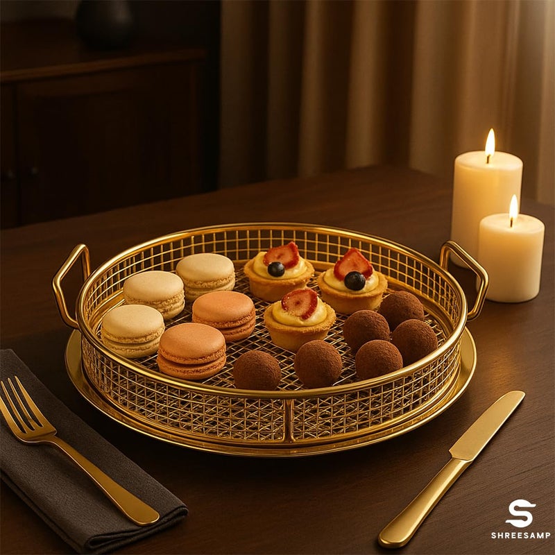 SHREESAMP طقم سلة وصينية قلاية هوائية ذهبية دائرية للفرن – 2 في 1 صينية غير لاصقة وشبكة ستانلس ستيل للفرن الحراري، آمنة في غسالة الصحون، رائعة للخبز والشواء والشوي - Image 4