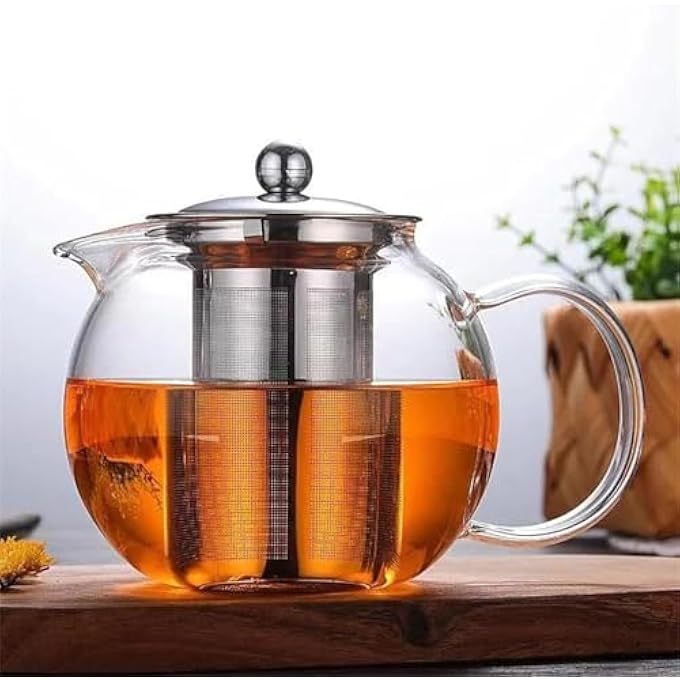 ريحني إبريق شاي زجاجي من البورسلين مع مصفاة من الفولاذ المقاوم للصدأ وغطاء، إبريق شاي مقاوم للحرارة لأوراق الشاي المتفتحة، سعة 1300 مل - Image 1