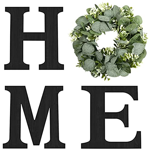 Pinkpum Wood Home Sign with Artificial Eucalyptus Wreath for O, Hanging Farmhouse Wall House Decor Wood Letters for Wall Art Rustic Home Decor, Wall Decor for Living Room Kitchen Entryway (Black) - Image 1