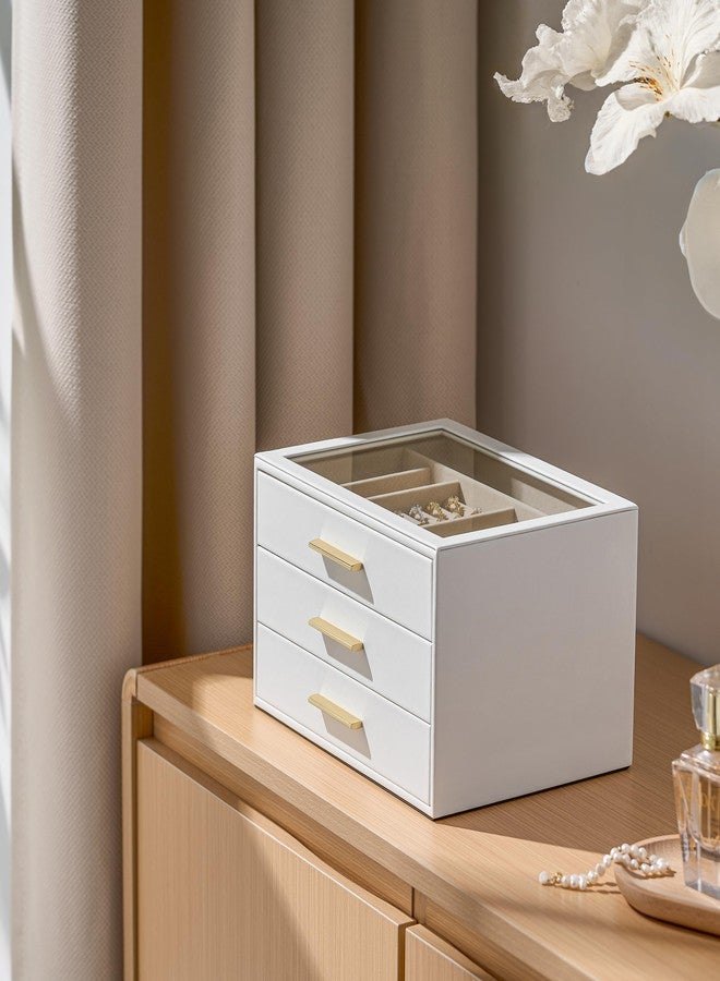 pickpiff صندوق تنظيم المجوهرات من بيكبيف للنساء: صندوق تخزين مجوهرات بثلاث طبقات مع نافذة زجاجية، جلد أبيض نقي مع حامل مخملي للخواتم والقلائد والأساور والدبابيس والساعات، هدية رائعة لها - Image 5