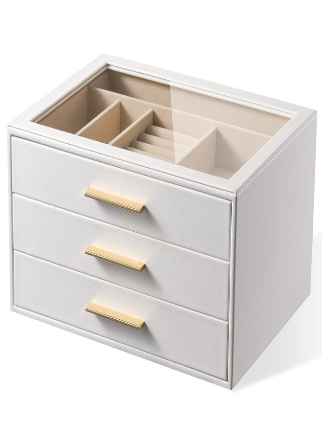 pickpiff صندوق تنظيم المجوهرات من بيكبيف للنساء: صندوق تخزين مجوهرات بثلاث طبقات مع نافذة زجاجية، جلد أبيض نقي مع حامل مخملي للخواتم والقلائد والأساور والدبابيس والساعات، هدية رائعة لها - Image 1