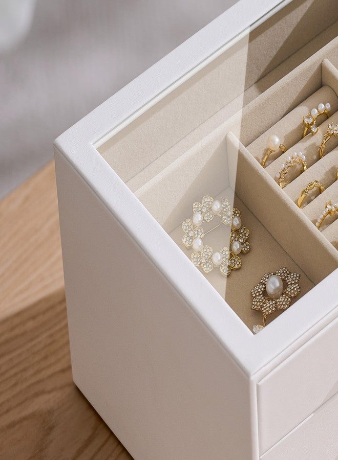 pickpiff صندوق تنظيم المجوهرات من بيكبيف للنساء: صندوق تخزين مجوهرات بثلاث طبقات مع نافذة زجاجية، جلد أبيض نقي مع حامل مخملي للخواتم والقلائد والأساور والدبابيس والساعات، هدية رائعة لها - Image 3