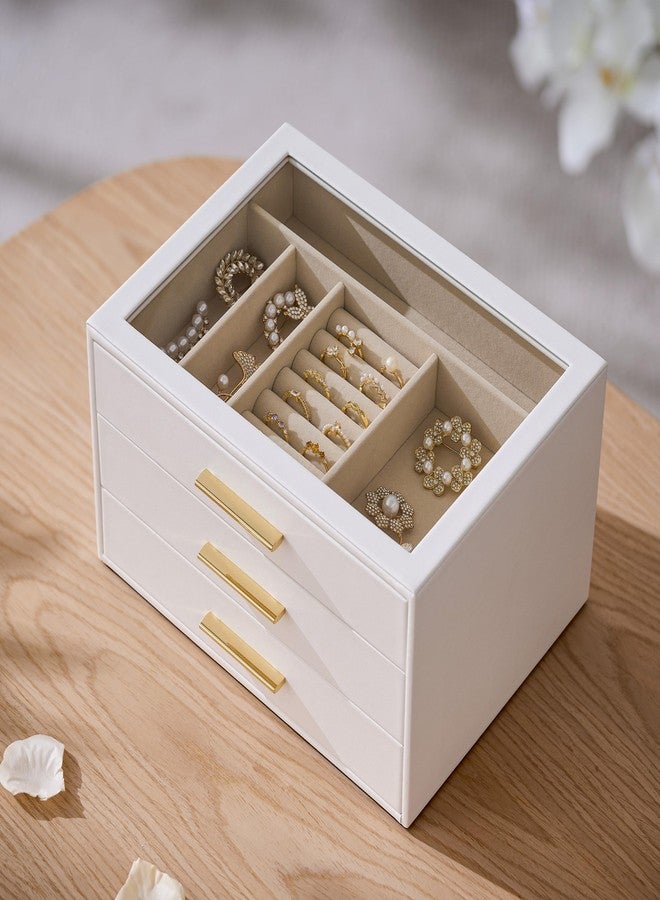 pickpiff صندوق تنظيم المجوهرات من بيكبيف للنساء: صندوق تخزين مجوهرات بثلاث طبقات مع نافذة زجاجية، جلد أبيض نقي مع حامل مخملي للخواتم والقلائد والأساور والدبابيس والساعات، هدية رائعة لها - Image 2