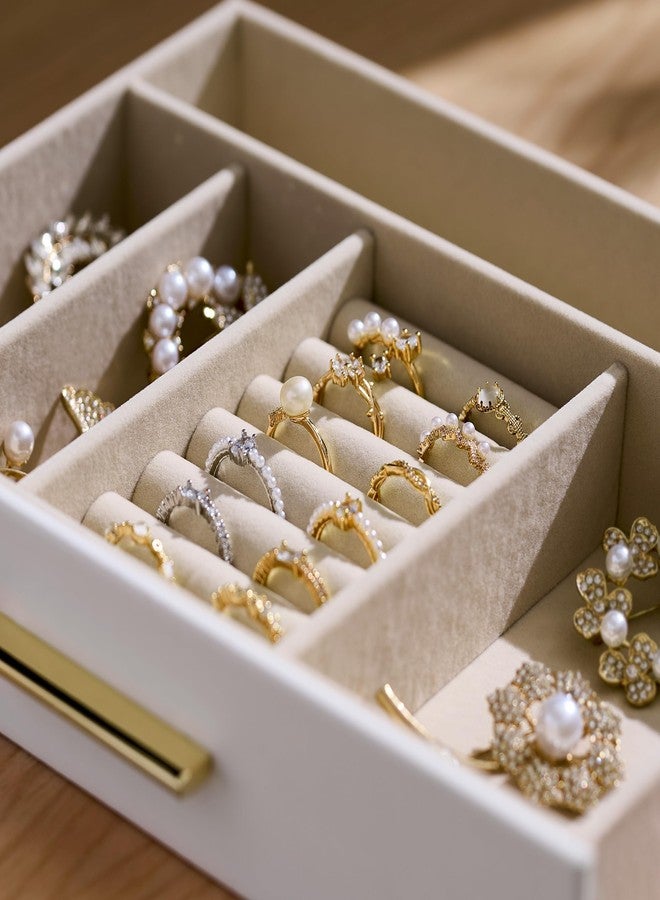 pickpiff صندوق تنظيم المجوهرات من بيكبيف للنساء: صندوق تخزين مجوهرات بثلاث طبقات مع نافذة زجاجية، جلد أبيض نقي مع حامل مخملي للخواتم والقلائد والأساور والدبابيس والساعات، هدية رائعة لها - Image 4