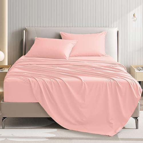 USXIBEI Queen Size 4 Piece Bed Sheet Set Ultra Imitation CottonPremium Breathable Cooling Sheets Hotel Luxury Bed Sheets Deep Pocket up to 15 Wrinkle Fade Stain Resistant Baby Pink Queen - Image 1