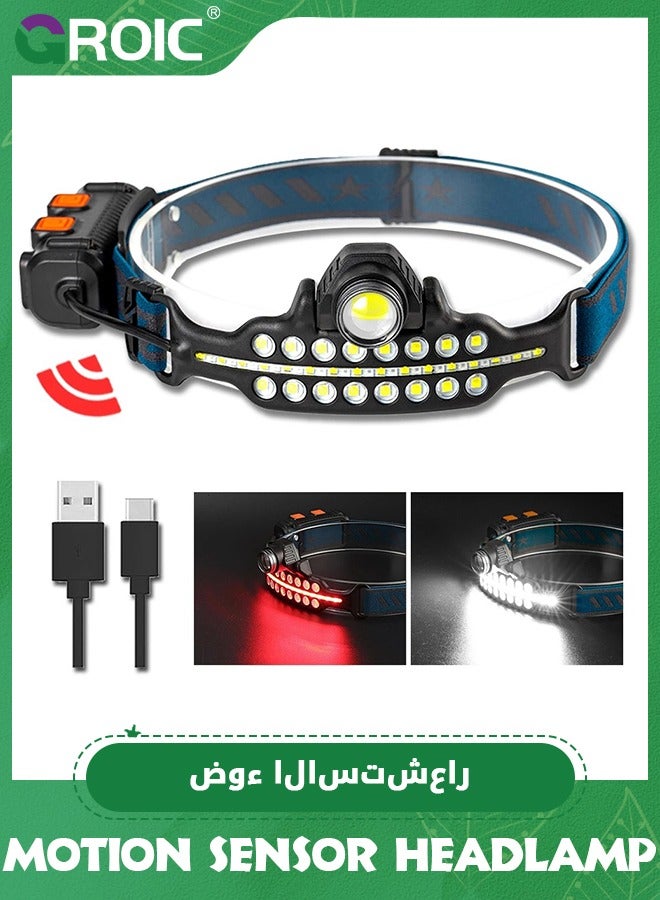 GROIC Headlamp Rechargeable, Super Bright Led Headlamp Flashlight, 270°Wide Light and Spotlight Adults Head Lamp 4+3 Mode, Motion Sensor, Ipx4 Waterproof, for Outdoor Hiking, Running, Fishing