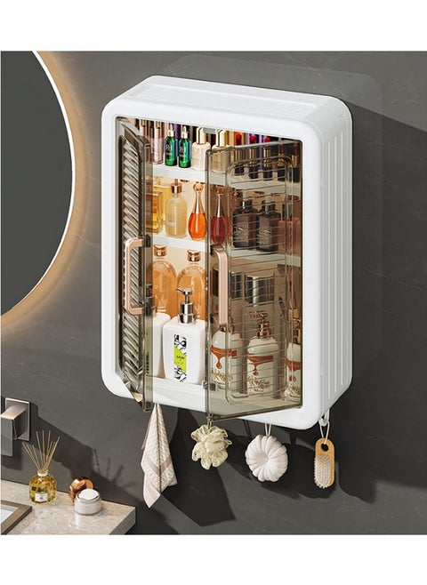 Bathroom Storage Rack,Large Capacity No Drilling Bathroom Storage Shelf Wall-Mounted Bathroom Organizer Rack Dust and Moisture Proof Shelf For Cosmetics Including Hooks For Hanging