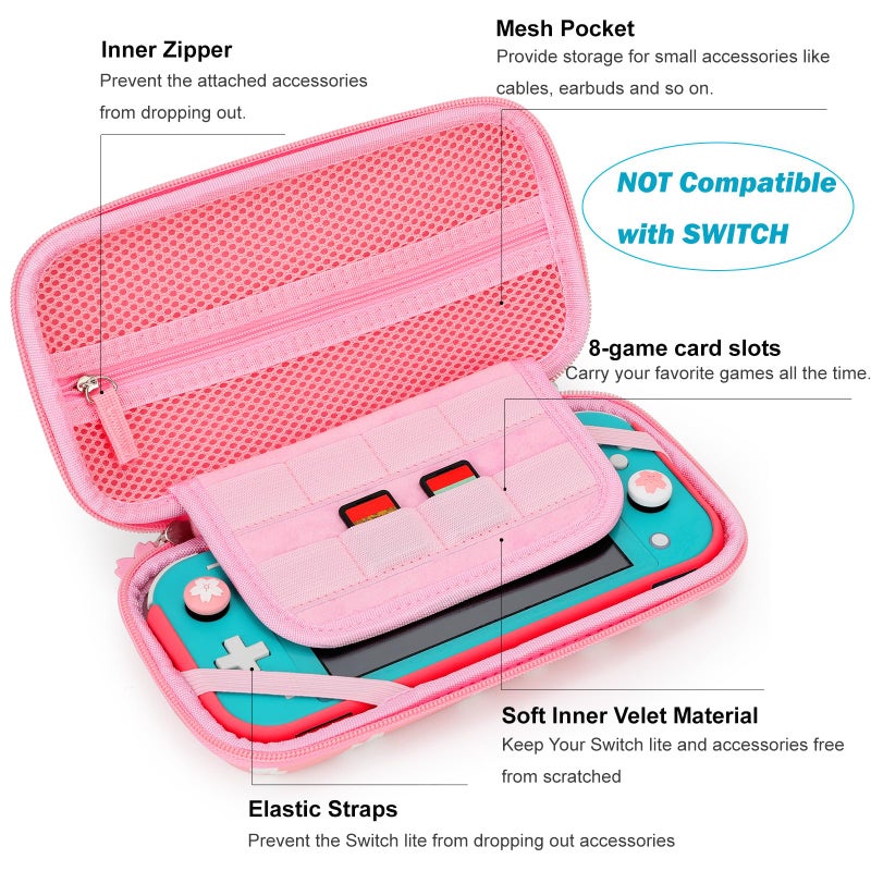 Tscope Cute Carrying Case for Nintendo Switch Lite, Pink Sakura Portable Hard Shell Girls Travel Storage Bag, with Glass Screen Protector & Thumb Grip Caps (Switch Lite Pink) - Image 2