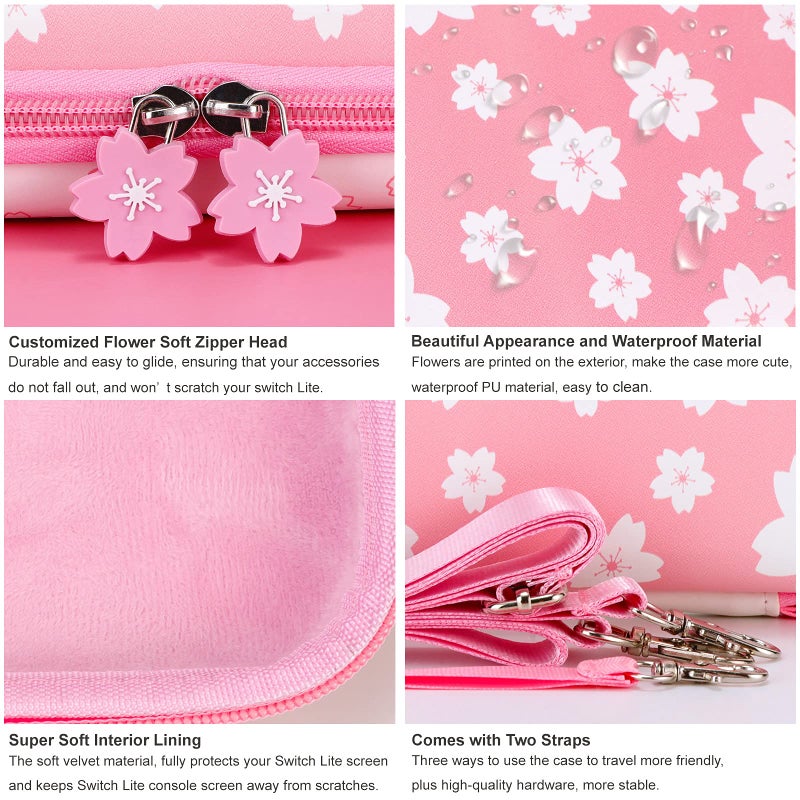 Tscope Cute Carrying Case for Nintendo Switch Lite, Pink Sakura Portable Hard Shell Girls Travel Storage Bag, with Glass Screen Protector & Thumb Grip Caps (Switch Lite Pink) - Image 4