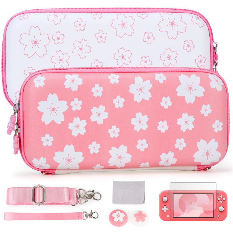 Tscope Cute Carrying Case for Nintendo Switch Lite, Pink Sakura Portable Hard Shell Girls Travel Storage Bag, with Glass Screen Protector & Thumb Grip Caps (Switch Lite Pink) - Image 1