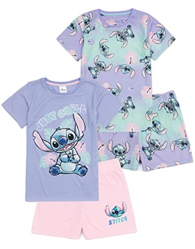 Disney Lilo And Stitch Girls 2 Pack Pajama Set | Kids Short Sleeve T-Shirt Complete & Shorts PJs | Just Chill Alien Graphic Purple - Image 1
