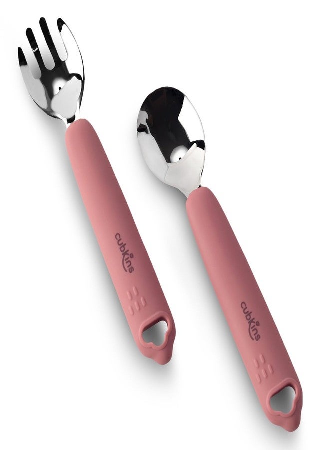 Cubkins Steel Spoon & Fork Set for Feeding Babies with Soft Silicone Handle | Non Toxic, Food Safe and BPA Free | Washable and Reusable (Raspberry) - Image 1