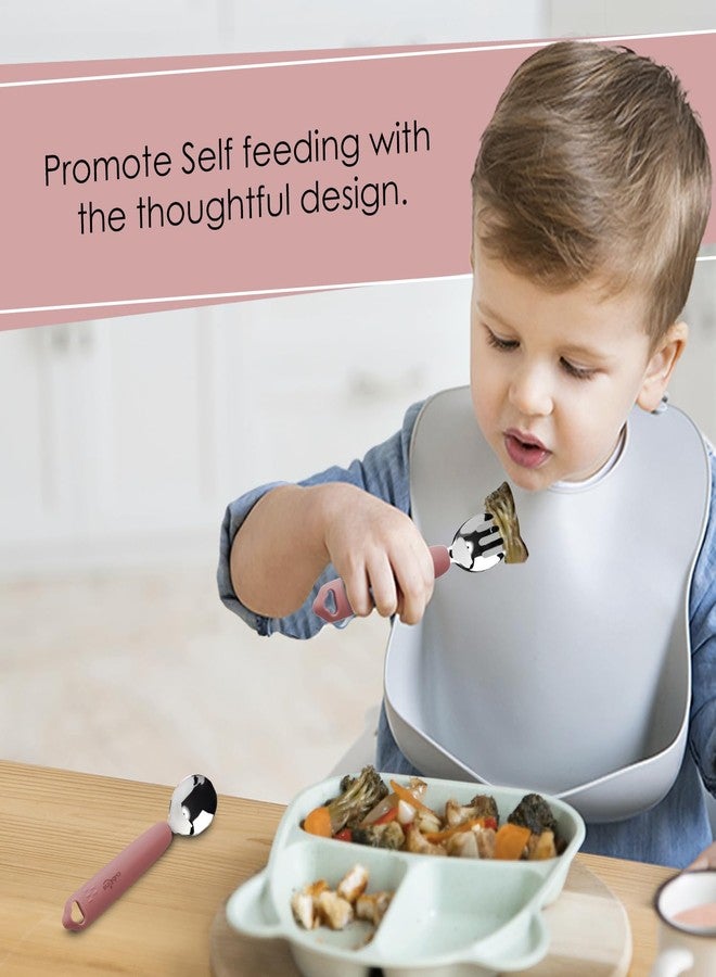 Cubkins Steel Spoon & Fork Set for Feeding Babies with Soft Silicone Handle | Non Toxic, Food Safe and BPA Free | Washable and Reusable (Raspberry) - Image 2