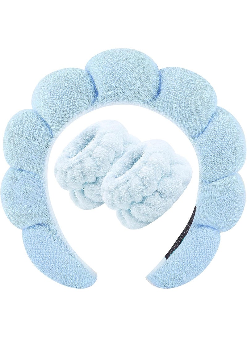 Generic Spa Headband for Washing Face Wristband Sponge Makeup Skincare Headband Terry Cloth Bubble Soft Get Ready Hairband for Women Girl Puffy Padded Headwear Non Slip Thick Hair Accessory (Blue, Standard)  - Image 1