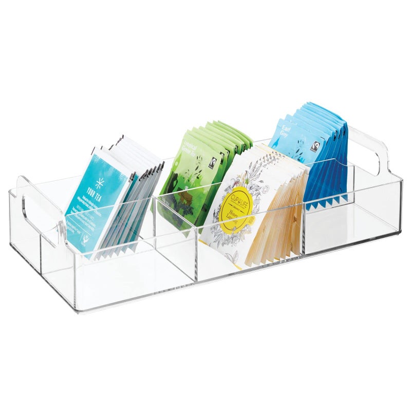 mDesign Compact Plastic Tea Storage Organizer Caddy Tote Bin 6 Divided Sections Builtin Handles Holder for Tea Bags Packets Sweeteners and Small Packets Lumiere Collection Clear