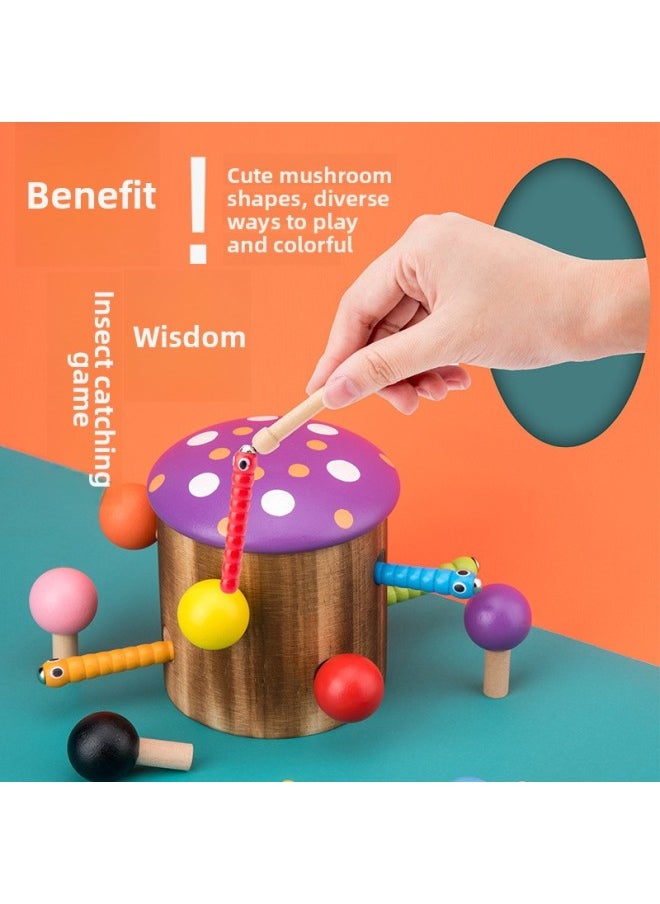 Wooden Children's Magnetic Mushroom Insect Catching Game Parent-child Interactive Fun Early Education Hand-eye Coordination Focus On Insect Catching Toys-颜色:蘑菇捉虫  - Image 1