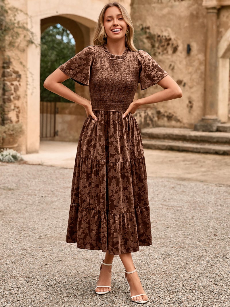 Simplee Velvet Dress for Women Semi Formal Short Sleeve Floral Smocked Empire Waist Fall Winter Wedding Guest Dresses Brown,S - Image 5