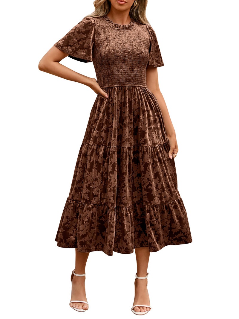 Simplee Velvet Dress for Women Semi Formal Short Sleeve Floral Smocked Empire Waist Fall Winter Wedding Guest Dresses Brown,S - Image 1
