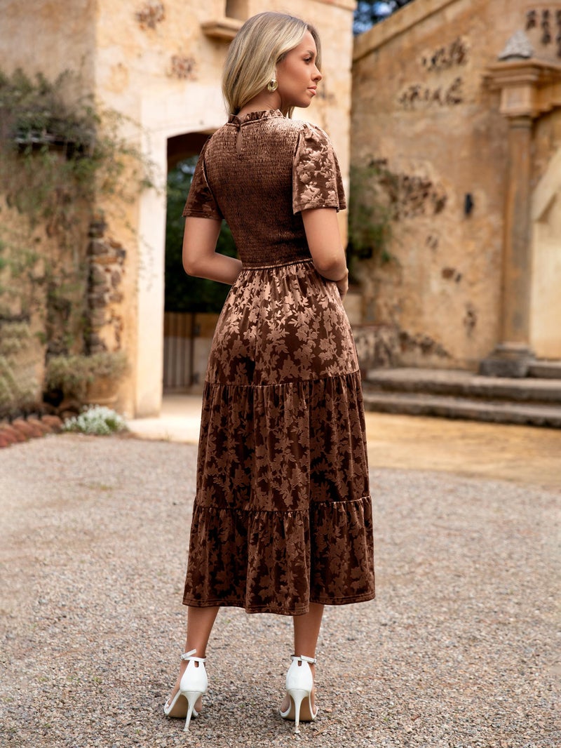 Simplee Velvet Dress for Women Semi Formal Short Sleeve Floral Smocked Empire Waist Fall Winter Wedding Guest Dresses Brown,S - Image 4