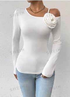 SHEINSolid Color Floral Decor Asymmetrical Neck Long Sleeve
