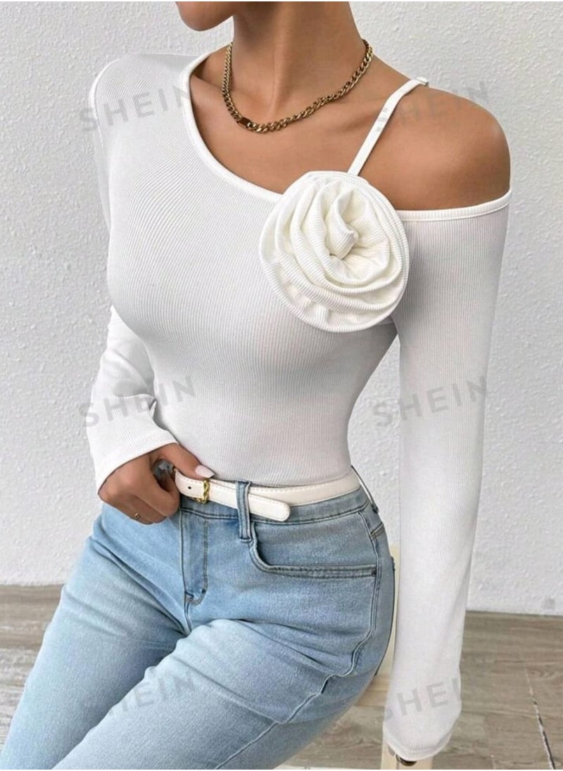 Shein - SHEINSolid Color Floral Decor Asymmetrical Neck Long Sleeve - Image 1