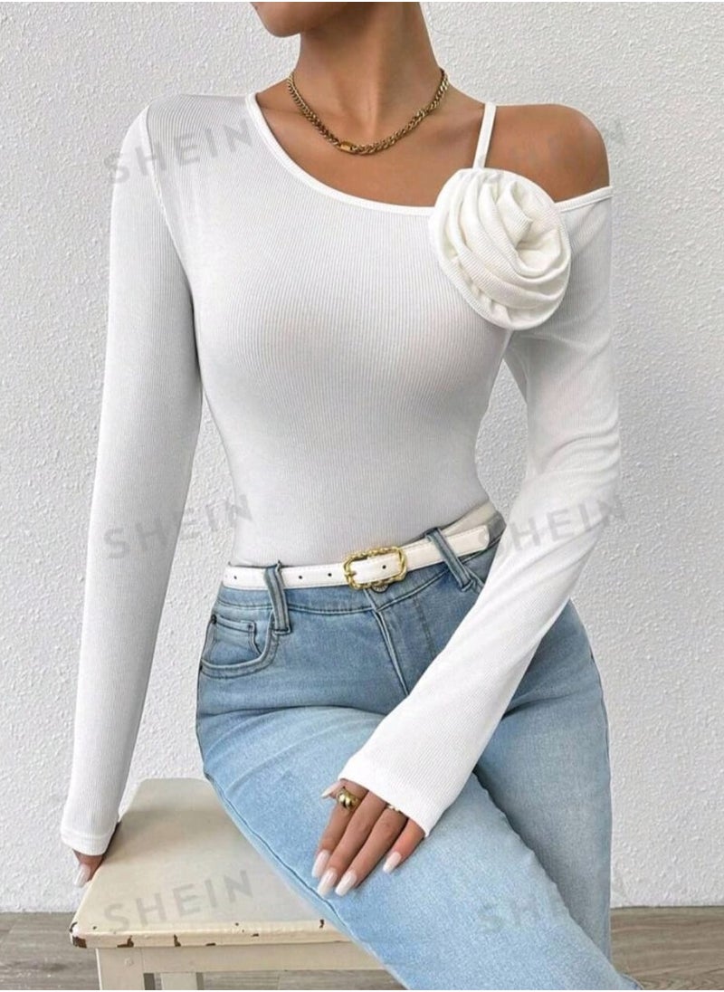 Shein - SHEINSolid Color Floral Decor Asymmetrical Neck Long Sleeve - Image 1