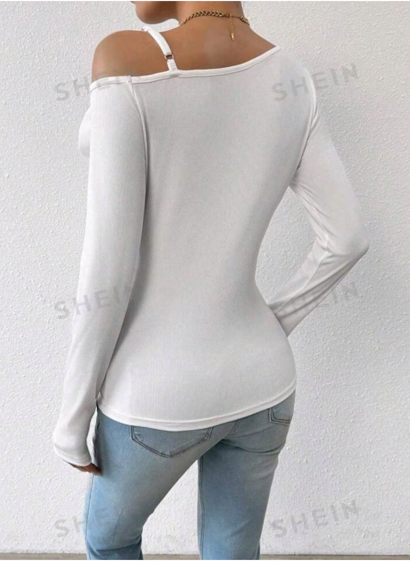 Shein - SHEINSolid Color Floral Decor Asymmetrical Neck Long Sleeve - Image 1