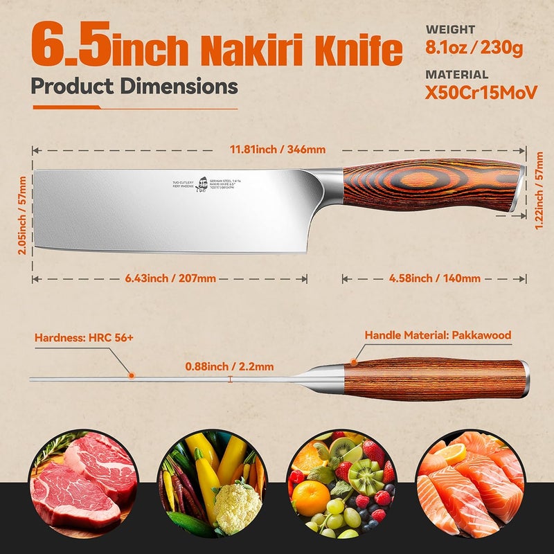 TUO Nakiri Knife 6.5" Japanese Vegetable Cleaver, Chef Knife for Kitchen Vegetable Chopping, German High Carbon Stainless Steel, Ergo Pakkawood Handle - Image 3