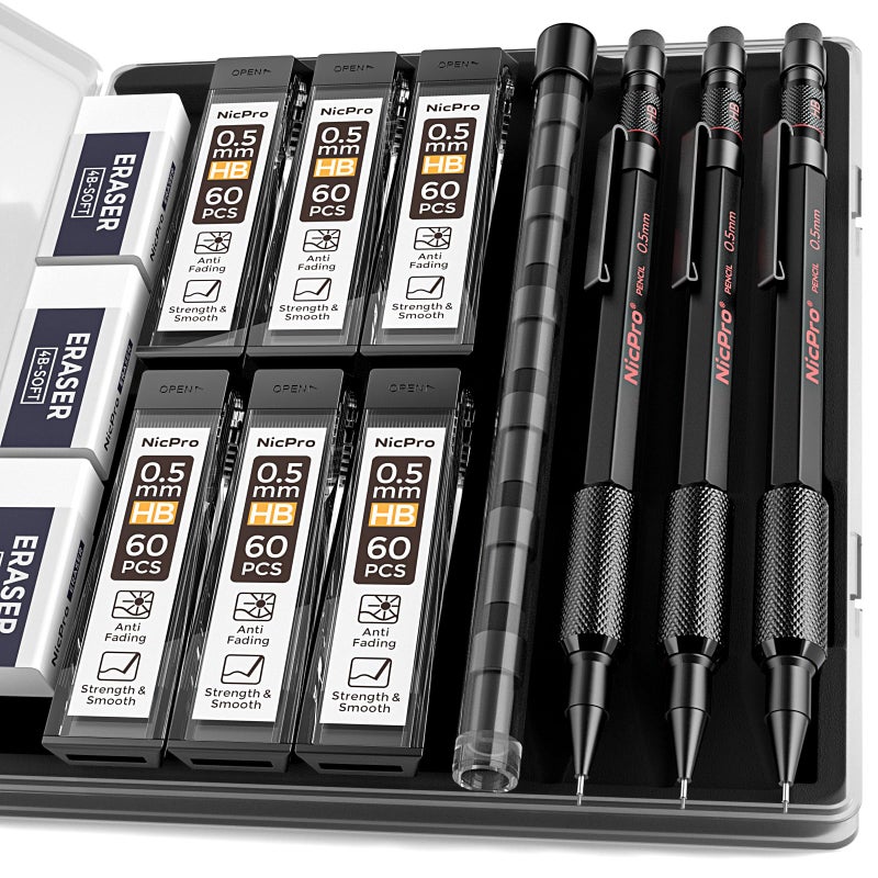 Nicpro 0.5 mm Mechanical Pencil Set with Case, 3PCS MP2000 Metal Artist Mechanical Pencil With 6 Tube HB Lead Refills, Eraser, Weatherproof Barrel for Outdoor Writing Drafting Drawing Sketching - Image 1